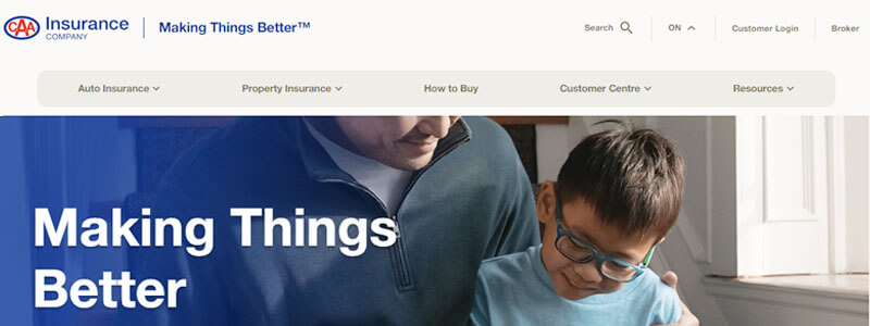 Top 10 Car Insurance Companies in Ontario – CAA Insurance website with a father and child sharing a moment, promoting family-friendly insurance services.