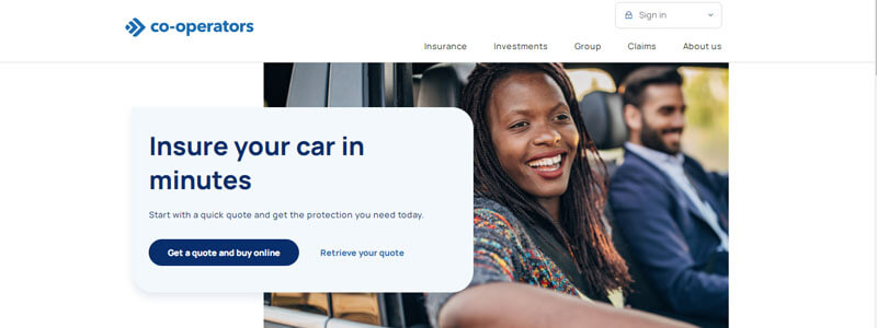 Top 10 Car Insurance Companies in Ontario – Co-operators Insurance website featuring a happy couple in their car, promoting quick car insurance quotes.