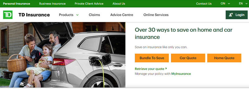 Top 10 Car Insurance Companies in Ontario – TD Insurance website with a family enjoying time together, promoting car and home insurance savings.