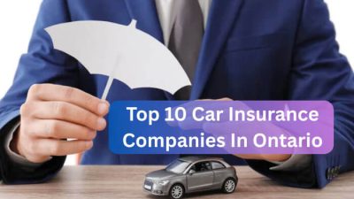 Top 10 Car Insurance Companies in Ontario with a business professional holding an umbrella above a model car, representing insurance coverage.