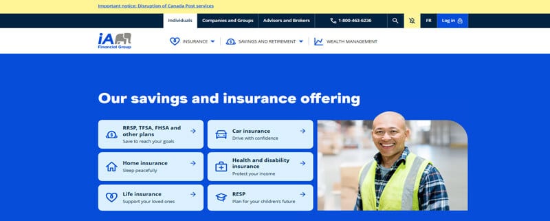 Top 10 Insurance Companies In Canada - Finsurancebiz Insurance Companies in Canada: iA Financial Group website showcasing various savings and insurance offerings, featuring a smiling man in a work environment.