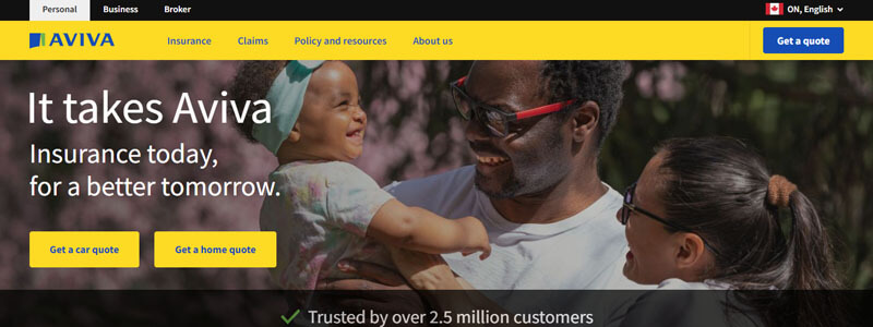 Top 10 Car Insurance Companies in Ontario – Aviva Insurance website with a family enjoying a moment together, promoting car and home insurance quotes.
