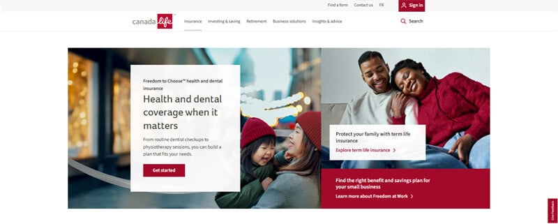 canada 1 - Finsurancebiz Insurance Companies in Canada: Canada Life website featuring health and dental coverage options, with a family image highlighting protection and care.