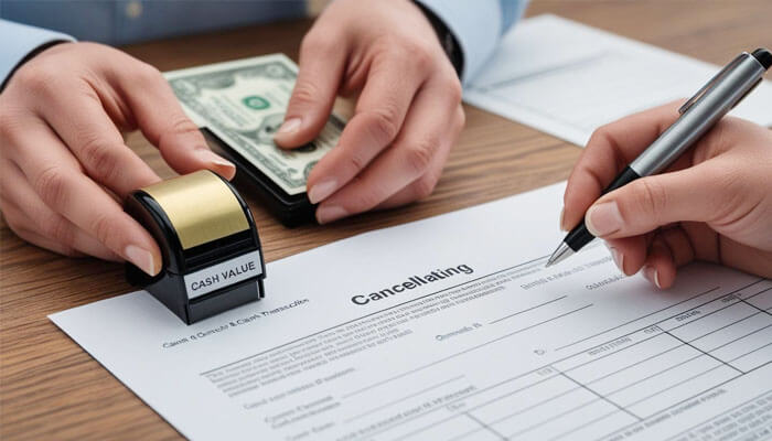 Hands handling cash and a cancellation form, illustrating how an insurance company can make a profit by taking in premiums and making payouts through cash value cancellations.