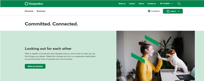 Top 10 Insurance Companies In Canada - Finsurancebiz Insurance Companies in Canada: Desjardins website with a message about being committed and connected, featuring a woman interacting with a dog.