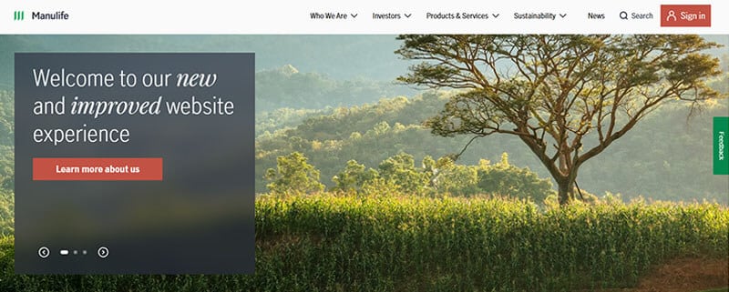 Top 10 Insurance Companies In Canada - Finsurancebiz top 10 insurance companies in canada: Manulife website featuring a welcoming message about their new and improved website experience with a scenic background.