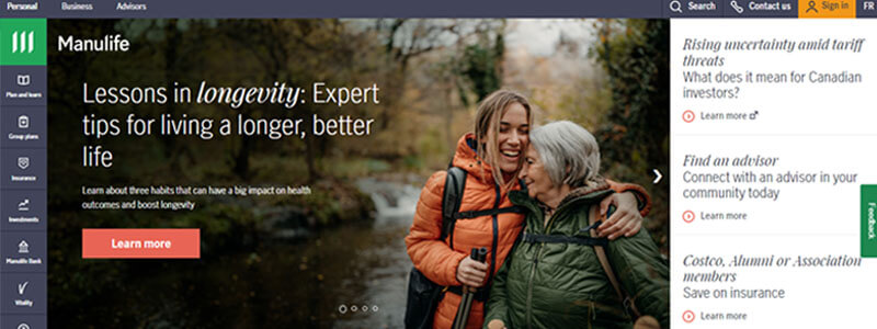 Manulife website showcasing expert tips on longevity as one of the top 10 insurance companies in Canada, offering valuable resources for healthier living.