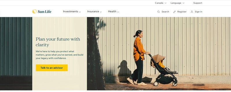 Top 10 Insurance Companies In Canada - Finsurancebiz Insurance Companies in Canada: Sun Life website with a message to plan your future with clarity, featuring a woman pushing a stroller against a wall.