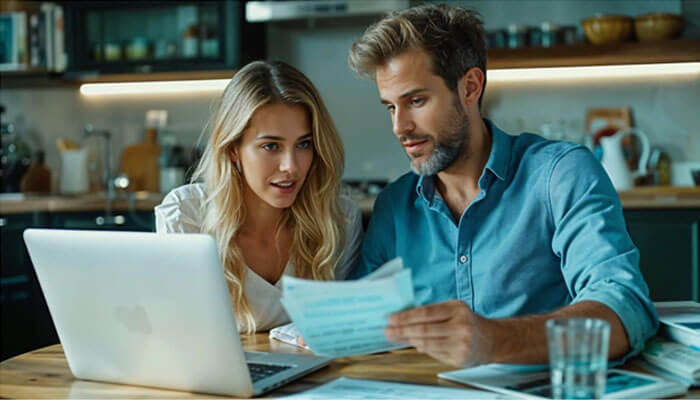 Couple reviewing documents on a laptop while discussing personal loan options in 2025.