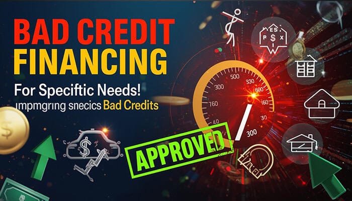 Personal Loans for Bad Credit: A Comprehensive Guide to Approval and Top Lenders - finsurancebiz - Finsurancebiz Personal Loans for Bad Credit: A graphic showing a credit score gauge with various icons, emphasizing approved financing for people with bad credit.