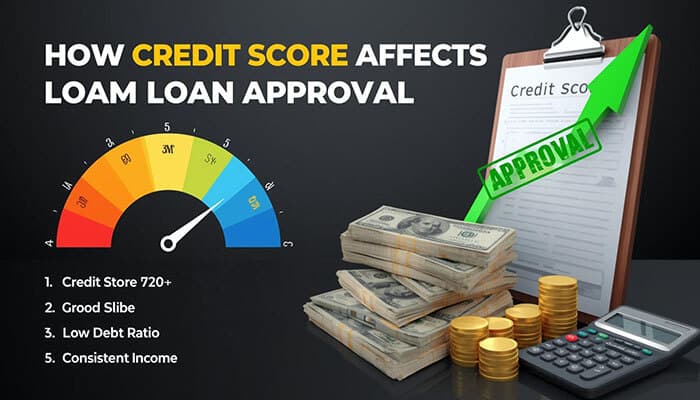 Personal Loans for Bad Credit: A Comprehensive Guide to Approval and Top Lenders - finsurancebiz - Finsurancebiz How Credit Score Affects Loan Approval with a gauge showing credit score, money stacks, and approval stamp, representing loan application and approval process.