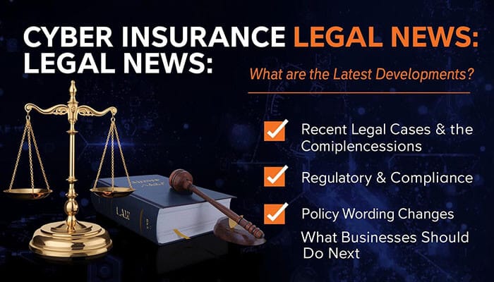 Cyber Insurance News 2026: Key Trends, Market Updates, and What Businesses Need to Know - finsurancebiz - Finsurancebiz Cyber Insurance News graphic featuring a gold justice scale and gavel beside a law book, with text highlighting recent legal cases, regulatory and compliance updates, and policy wording changes in cyber insurance.