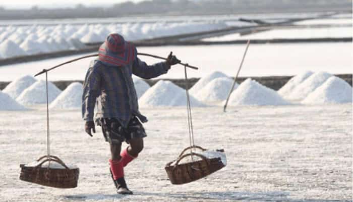 Know In Detail About SALT Tax Deduction - finsurancebiz - Finsurancebiz A person carrying baskets of salt in a salt field, symbolizing SALT (State and Local Taxes) as a metaphor for the taxing process and burden, with salt piles in the background.