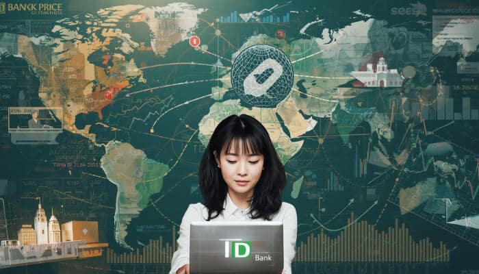 TD Stock Price: Understanding the Market Value and Its Impact on Investors - finsurancebiz - Finsurancebiz A woman holding a laptop with the TD Bank logo in front of a world map, surrounded by financial data, stock charts, and market analysis. The image symbolizes the global impact of TD stock price movements and the interconnectedness of financial markets.