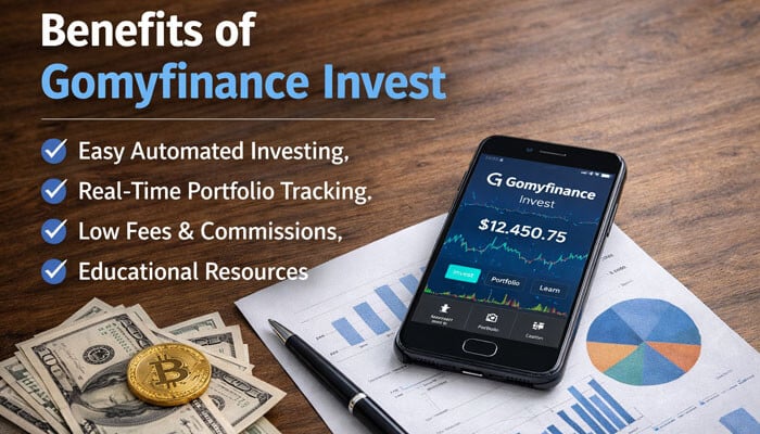Benefits of gomyfinance invest - My Legal Opinion - Finsurancebiz benefits of gomyfinance invest including automated investing, real-time portfolio tracking, low fees, and educational resources displayed on mobile app