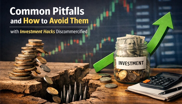 Common Pitfalls and How to Avoid Them with Investment Hacks Discommercified - Fin Surance Biz - Finsurancebiz Investment Hacks Discommercified showing pitfalls with falling coins, growth arrow, and smart investment planning