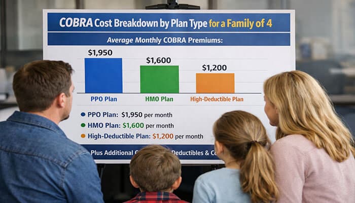 How Much is COBRA for a Family of 4? A Complete Guide to Understanding COBRA Costs in 2026 - finsurancebiz - Finsurancebiz Family of four looking at a chart showing the COBRA cost breakdown by plan type for a family of 4. The chart highlights average monthly premiums for PPO, HMO, and High-Deductible plans.