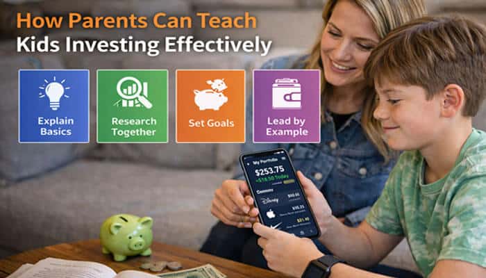 Investment Apps for Kids (2026): Best Platforms, Safety, and Smart Strategies - finsurancebiz - Finsurancebiz investment apps for kids showing parent teaching child investing basics on smartphone with financial education guidance