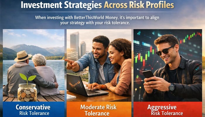 Investment Strategies Across Risk Profiles - Finsurance Biz - Finsurancebiz BetterThisWorld Money offers tailored investment strategies based on individual risk tolerance, promoting a more personalized approach to wealth management. This image illustrates three distinct risk profiles: Conservative, Moderate, and Aggressive. Each profile reflects a different strategy for building financial security, ranging from cautious, steady growth to high-risk, high-reward investments. BetterThisWorld Money empowers investors by helping them choose strategies aligned with their financial goals and risk comfort, ensuring long-term success and stability.