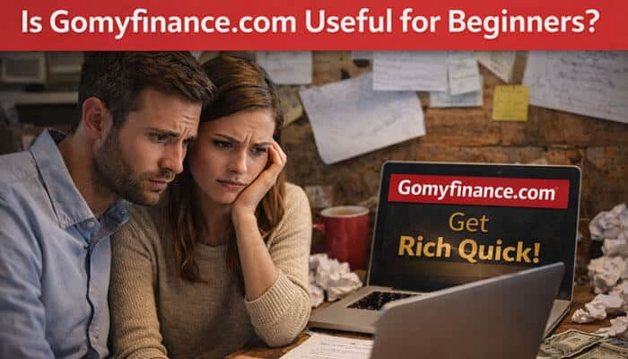 Is Gomyfinance - Finsurancebiz Gomyfinance.com beginner usefulness concept showing two people reviewing financial claims on a laptop while researching whether the platform is safe and helpful
