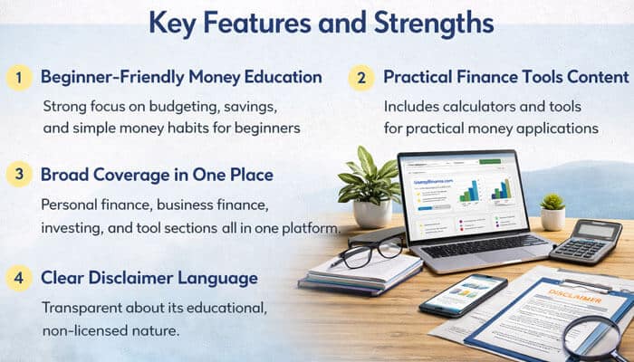 Key Features and Strengths - My Legal Opinion - Finsurancebiz Gomyfinance.com key features and strengths infographic highlighting beginner-friendly money education, finance tools, broad topic coverage, and clear disclaimer language