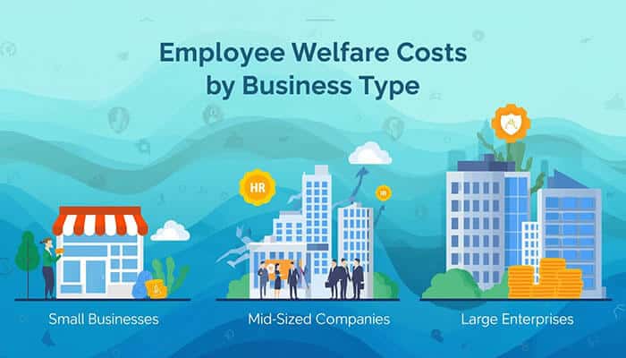 Employee Welfare Costs in 2026: HR Trends, Budget Strategies, and Cost Challenges - finsurancebiz - Finsurancebiz Employee welfare costs by business type showing small businesses, mid-sized companies, and large enterprises with HR and cost management visuals.