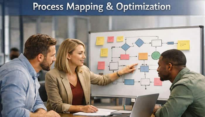 Process Mapping Optimization - Finsirance Biz - Finsurancebiz Team collaborating on process mapping and optimization at PedroVazPaulo Operations Consulting. The image showcases professionals analyzing workflows, streamlining operations, and improving business efficiency using visual process mapping techniques to drive results.