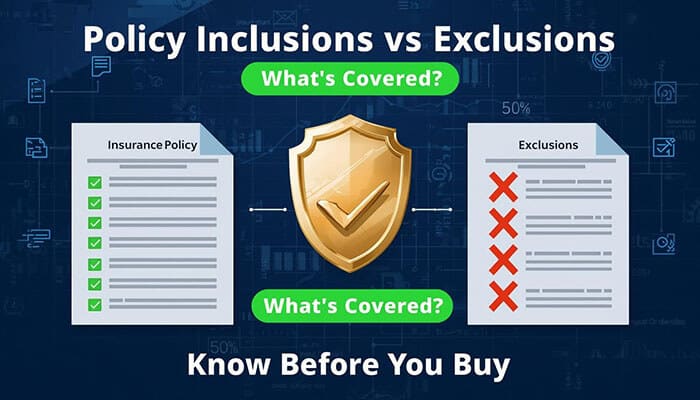 How to Choose the Right Professional Indemnity Insurance for Your Business - finsurancebiz - Finsurancebiz Right Professional Indemnity Insurance: Policy inclusions vs exclusions, highlighting what's covered and not covered, with a shield symbol, checklist, and crossed-out items to emphasize key policy details.