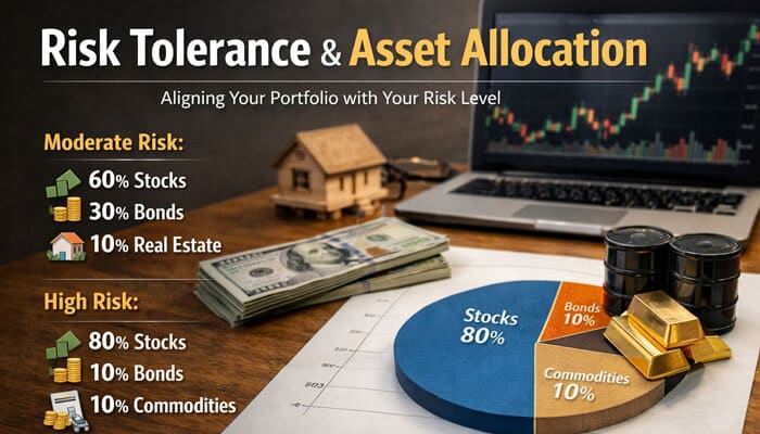 Risk Tolerance and Asset Allocation - Finsurance Biz - Finsurancebiz Investment Tips Discommercified: A visual guide to risk tolerance and asset allocation with stock, bond, real estate, and commodities distributions for moderate and high-risk portfolios.