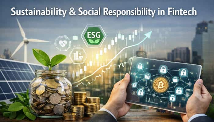 Sustainability and Social Responsibility in Fintech - Finsurance Biz - Finsurancebiz FTasiaTrading Technology News by FintechAsia is leading the charge in highlighting sustainability and social responsibility in fintech, with a focus on ESG (Environmental, Social, and Governance) factors. This image illustrates how the financial technology industry is integrating eco-friendly solutions like renewable energy, responsible investing, and blockchain to drive sustainable economic growth while ensuring ethical practices in the trading and investment sectors.