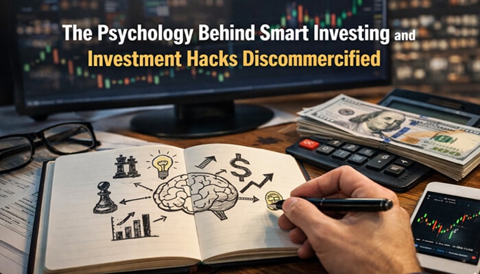 The Psychology Behind Smart Investing and Investment Hacks Discommercified - Fin Surance Biz - Finsurancebiz Investment Hacks Discommercified illustrating psychology-driven investing with brain sketch, stock charts, cash, and trading tools