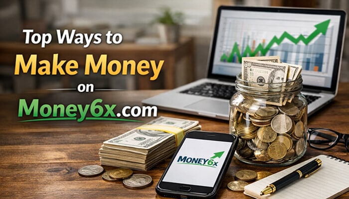 Top Ways to Make Money on Money6x - Finsurance Biz - Finsurancebiz Money6x.com Make Money Online: Laptop displaying a rising financial chart alongside a jar filled with coins, stacks of cash, and a smartphone showing Money6x.com, representing ways to make money online.