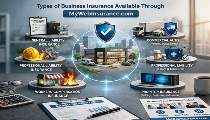 Types of Business Insurance Available Through Mywebinsurance - Finsurance Biz - Finsurancebiz Mywebinsurance.com Business Insurance options including liability, auto, and property insurance.