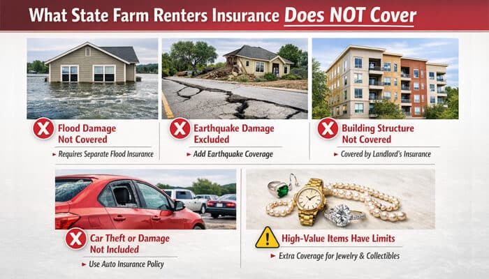What Does State Farm Renters Insurance Cover vs What It Does NOT Cover 2 - Finsurancebiz What Does State Farm Renters Insurance Cover vs what it does not cover showing flood damage, earthquake damage, car theft, and high-value item limits