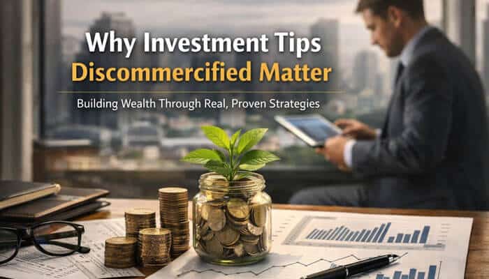 Why Investment Tips Discommercified Matter - Finsurance Biz - Finsurancebiz Investment Tips Discommercified: A professional investor analyzing market trends, surrounded by a growing jar of coins and financial documents, emphasizing real strategies for long-term wealth.