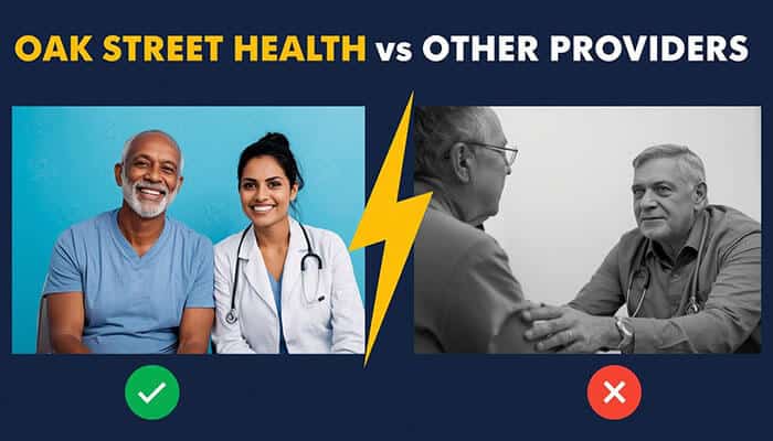 What Insurance Does Oak Street Health Accept? Full Medicare Coverage Guide 2026 - finsurancebiz - Finsurancebiz What Insurance Does Oak Street Health Accept comparison showing Oak Street Health vs other providers with senior patient care and Medicare-focused services