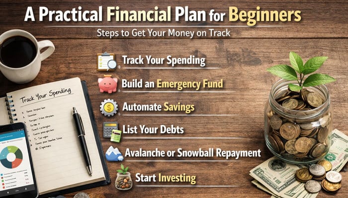 A Practical Financial Plan for Beginners - Finsurance Biz - Finsurancebiz Financial Tips CWBiancaMarket providing a practical financial plan for beginners. The image outlines essential steps to manage money effectively: tracking spending, building an emergency fund, automating savings, listing debts, choosing between avalanche or snowball debt repayment methods, and starting investments. The visual includes a cup of coffee, a financial app on a smartphone, a notebook with a financial plan, and a jar of coins, symbolizing financial organization and growth.