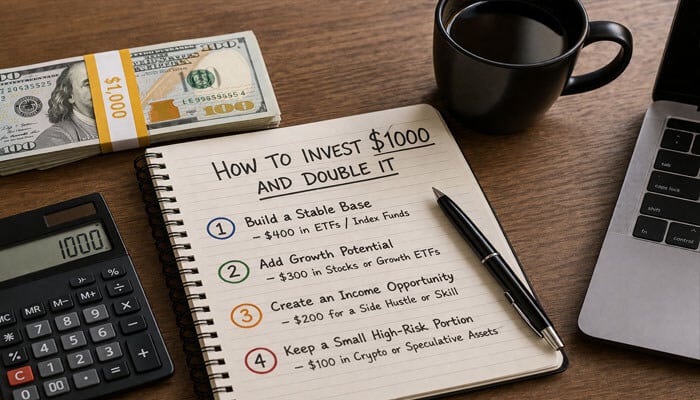 How To Invest 00 Dollars And Double It (Smart, Realistic Strategy For 2026) - finsurancebiz - Finsurancebiz How To Invest 00 Dollars And Double It plan notebook showing budget allocation for ETFs, stocks, side hustle, and crypto investment strategy