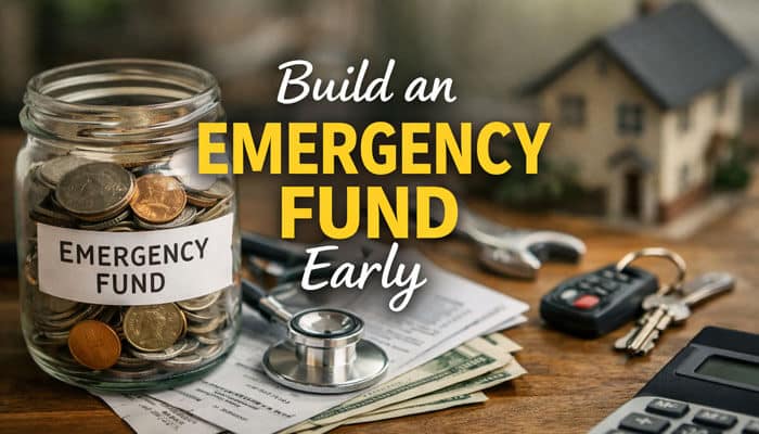 Build an Emergency Fund Early - Finsurance Biz - Finsurancebiz Financial Tips CWBiancaMarket focusing on the importance of building an emergency fund early. The image features a jar labeled 'Emergency Fund' filled with coins, set against a backdrop of bills, a stethoscope, and a house model, symbolizing financial security and preparedness. This visual emphasizes the need for a financial safety net and highlights key strategies for managing unexpected expenses and emergencies.