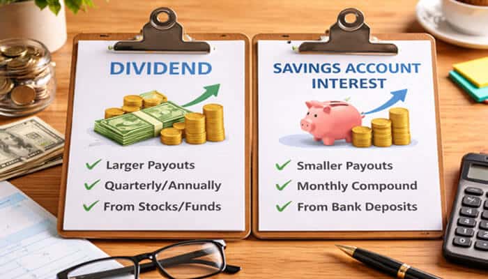 Dividend Deposit in Savings Account Meaning Taxation and Complete Guide 2026 - finsurancebiz - Finsurancebiz Comparison of dividend deposit in savings account and savings account interest showing differences in payouts, frequency, and income sources