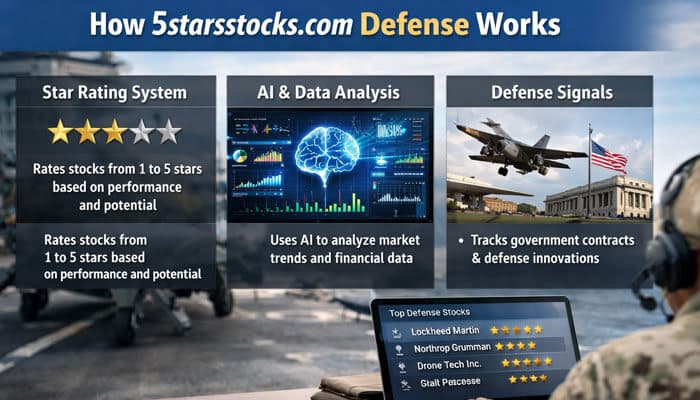 How 5starsstocks - Finsurancebiz 5starsstocks.com Defense showing star rating system, AI and data analysis, defense signals, and top defense stocks.