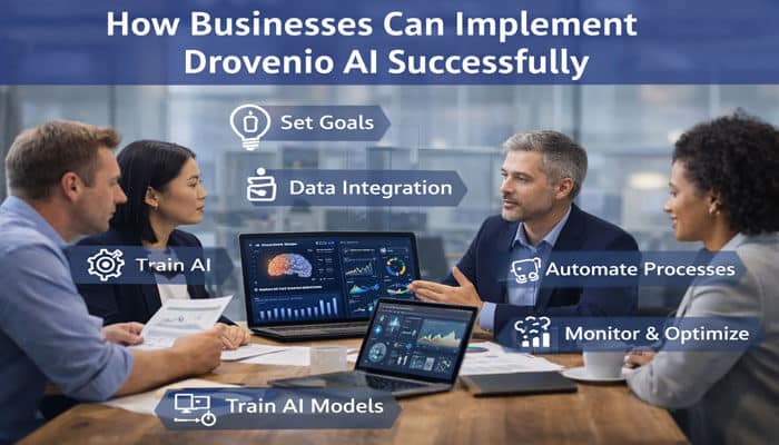 How AI is Redefining Business Innovation 1 - Finsurancebiz Drovenio AI in Digital Transformation showing business team using AI dashboards for automation, data integration, and workflow optimization in a modern office