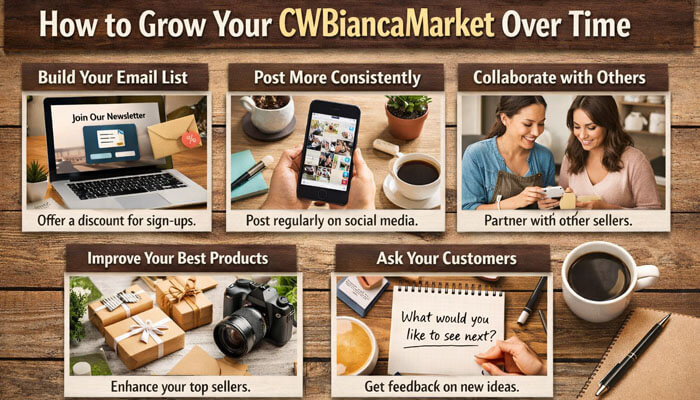 How to Grow Your CWBiancaMarket Over Time - Finsurance Biz - Finsurancebiz How to Grow Your CWBiancaMarket Over Time – Essential strategies for expanding your low-budget CWBiancaMarket, including building an email list, posting consistently on social media, collaborating with others, improving your top products, and asking customers for feedback to grow your online business.