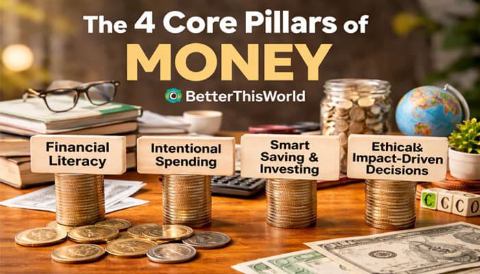 The 4 Core Pillars of Money BetterThisWorld - Finsurance Biz - Finsurancebiz Money BetterThisWorld: The four essential pillars for financial success—Financial Literacy, Intentional Spending, Smart Saving & Investing, and Ethical & Impact-Driven Decisions. A guide for creating sustainable wealth.