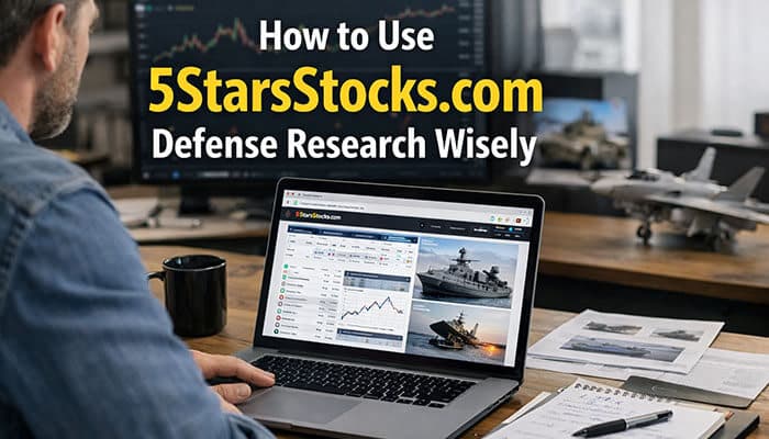 How to Use 5starsstocks com Defense Research Wisely - finsurancebiz com - Finsurancebiz Investor using laptop for 5starsstocks.com Defense research with market charts, defense images, and office desk setup.