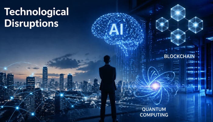 Technological Disruptions - Finsurance Biz - Finsurancebiz The image depicts key technological disruptions shaping the future of markets, with AI, blockchain, and quantum computing at the forefront. These emerging technologies are transforming industries, creating new opportunities and challenges in the financial sector. In the context of FTAsiaStock Market Trends from FintechAsia, these disruptions are examined as driving forces behind the evolving dynamics of Asian stock markets. Investors must adapt to these rapid advancements in order to stay competitive in 2026. The fusion of AI and blockchain, along with the rise of quantum computing, is providing new insights and strategies for forecasting market trends and enhancing investment decision-making.