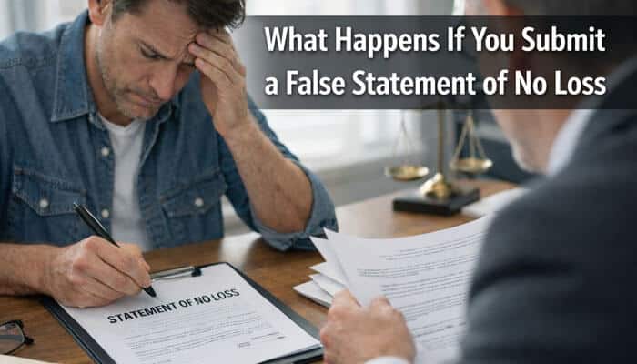 What Happens If You Submit a False Statement of No Loss - Finsurance Biz - Finsurancebiz Worried policyholder signing a Statement of No Loss form while discussing insurance documents, highlighting legal risks, fraud consequences, and claim denial issues linked to false statements