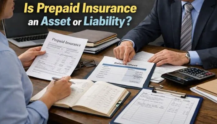 Illustration explaining is prepaid insurance an asset or liabilities in accounting, comparing asset vs liability with GAAP rules, examples, and journal entries.